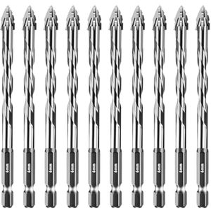 10 stuks excentrische boor met vier snijkanten, vierzijdige getande boor, 1/4 zeskantige schacht, sterke hardmetalen punt, tegelboorset (6 mm, zilver)