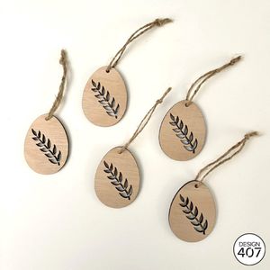 Design407 - Paastak hangers Eitjes met Olijftak Houtkleurig - 5 stuks - 6,0 x 4,5cm - Hout - Pasen - Paastakhangers - Voorjaar - Lente - Paasdecoratie - Paasversiering - Paastak - Decoratie - Paashaas - Paaseieren - Paaseitjes