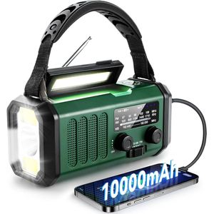 Noodradio - 10000 mAh - Noodradio Solar Opwindbaar - AM/FM - Altijd Overal Ontvangst - Noodpakket voor thuis - Solar en Opwindbaar - Met Krachtige Powerbank - SOS alarm - LED-zaklamp - Helder geluid - Noodpakket - Voor wandelen, stroomuitval - Groen