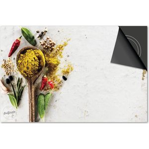 Inductie beschermer 77x51 - afdekplaat inductie mat - Dietrix Kookplaat beschermer - Exclusief - Kruiden en Lepels - Houten lepel met geel kruid en specerijen