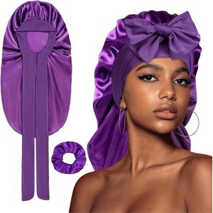 Lange satijnen vlecht bonnet voor vrouwen zijden bonnet voor slapen met elastische band - nachtmuts voor lange krullende haarlokken