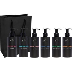 Shower & Wash Set - Fresh Ginger + Hamam + Hammam Herbal + Sweet Orange & Cedarwood + White Lotus en Zen Moment - Claudius Cosmetics - bodycare - met luxe gift tas - set van 6 stuks - Cadeau - giftset voor hem en haar