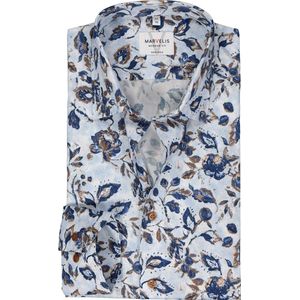 MARVELIS modern fit overhemd - mouwlengte 7 - popeline - lichtblauw met beige en donkerblauw dessin - Strijkvrij - Boordmaat: 43