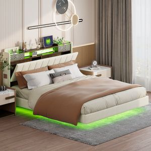 Sweiko 160x200cm Kussen bed met LED Verlichting en USB aansluiting, Hoofdeinde met opbergruimte, zwevend bed, jeugdbed, Volwassen bed, beddengoed, Beige (Geen matras)