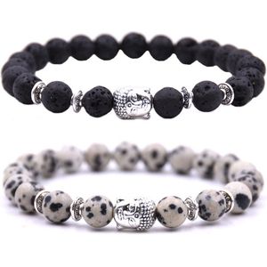 Kralen armband buddha / boedha bedel - Armband dames / heren / unisex - Natuursteen kralen bandje - Elastiek 19 cm - 8mm stenen - Armbandenset (2 stuks) - Vulkanisch zwart & gevlekt