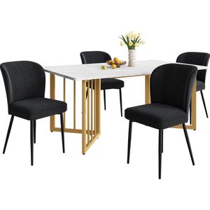 Merax Eettafelset (5-delig) - 140x80x75 cm Tafel met 4 Zwarte Fluwelen Stoelen - Moderne Set met Rugleuning, Wit MDF Tafelblad en V-vormige Gouden Metalen Poten