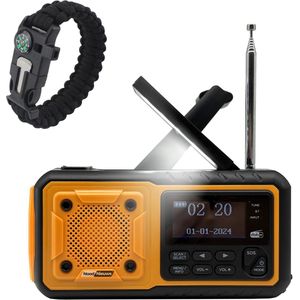 Draagbare Noodradio – DAB+/FM met Bluetooth – 5000mAh Powerbank, LED Zaklamp & Leeslamp – Dynamo & Zonnepaneel – Inclusief Survival Armband – Rampenradio voor Noodgevallen & Kamperen