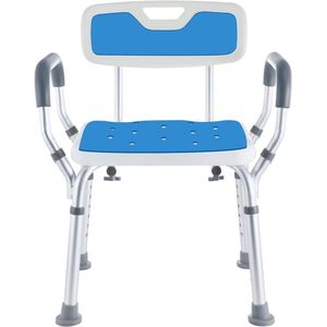 Douchestoel met rugleuning en armleuningen - antislip - hoogte verstelbaar - wit/blauw