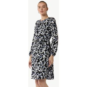 COMMA - Jurk - Blauw/Zwart/Wit - Viscose - Knoopsluiting, Uitgesneden Hals, Lange Mouw