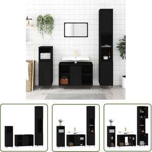 The Living Store 3-delige Badkamermeubelset bewerkt hout zwart - Badkamermeubelset - Badkamerspiegel - Wasstandaard - Kastje Badkamer - Houten Badkamermeubel