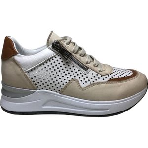 Manlisa Mt 37 veter/rits geperforeerde lederen zomer comfort sneakers S247-1705 wit beige combi