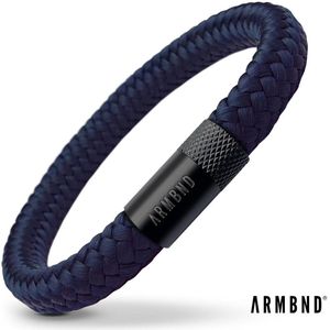 ARMBND® Heren armband - Navy Blauw Touw met Zwart Staal - Armand heren - Maat M/L - 22 cm lang - The original - Touw armband