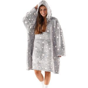 Noony Luminous Grey oversized hoodie deken - Glow in the dark sterren - plaids met mouwen - Fleece deken met mouwen - Ultrazachte binnenkant - Hoodie blanket - Snuggie - One size fits all