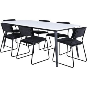 Jimmy195 eethoek eetkamertafel uitschuifbare tafel lengte cm 195 / 285 wit en 6 Kenth eetkamerstal velours zwart.