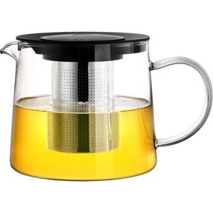 Theepot 1,5 liter met metalen zeef translates to ""Teapot 1.5 liter with metal sieve"" in Dutch.