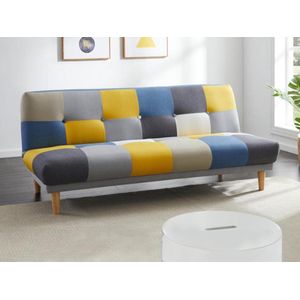 Vente-unique Uitklapbare driezitsbank van stof MARDAG - Grijs, blauw en geel patchwork L 178 cm x H 74 cm x D 98 cm