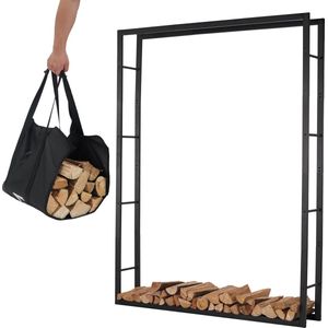 Lendo Online brandhoutrek 148x25x196cm + draagtas– Binnen en buiten -haardhout opslag – haardhoutrek – houtopslag – zwart - metaal