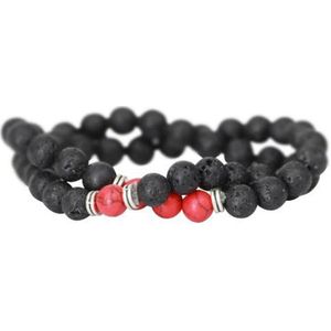 AWEMOZ Natuursteen Armbanden - Zwarte Kralen Armbandjes - 1+3 Rood - Cadeau