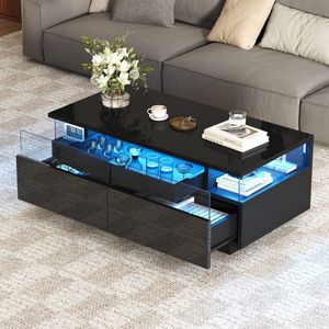 Sweiko Salontafel - Hoogglans - met Dienblad - 2 lades - LED-verlichting - Zwart
