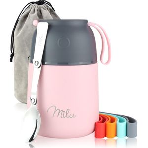 Milu® Thermos Voedselcontainer met Lepel | 450 ml, 650 ml, 800 ml | RVS | Thermosbeker, Thermo Lunchbox, Babyvoeding, Container om eten warm te houden, Thermische Lunchpot, Muesli To Go / Yoghurt Beker To Go, Roze, 450ml