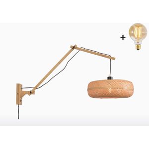 Wandlamp met Lange Arm - PALAWAN - Bamboe - Naturel Kap - Small (40x15cm) - Met LED-lamp