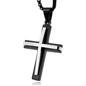 Schakelketting Venetiaans Zwart met Zwart-Zilverkleurig Kruis Hanger