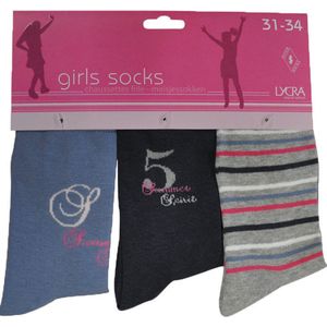 Meisjes sokken - katoen 6 paar - summer - maat 23/26 - assortiment blauw/zwart/grijs - naadloos