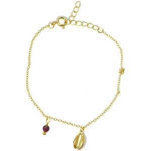 Silventi 9SIL 20248 Zilveren Armband Dames - Twee bedeltjes - Schelp - kraal - Rood - 19cm - Goudkleurig