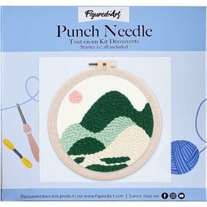 Figured'Art Punch Needle Kit voor Volwassenen en Kinderen - Groene bergen - Perfect voor Beginners. Compleet klaar-om-te-borduren set, maat 20x20 cm met ronde frame