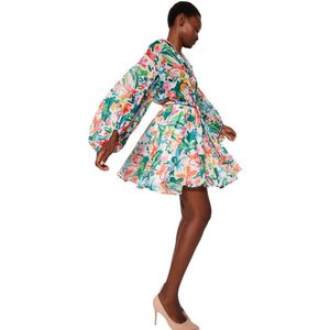 Trendyol Meerkleurige Bloemenprint Taille Opening Mini Gevoerde Chiffon Vlucht Vlucht Geweven Jurk Twoaw24El00841