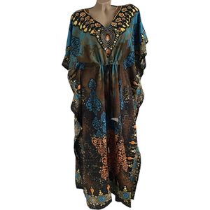 Kaftan met aantrekkoord en v hals 163 One size 36-50 turqoise/bruin