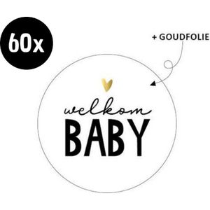 60x Sluitsticker Welkom Baby | Wit | Goudfolie hartje | 40 mm | Geboorte Sticker | Sluitzegel | Sticker Geboortekaart | Baby nieuws | Zwangerschap |Luxe Sluitzegel