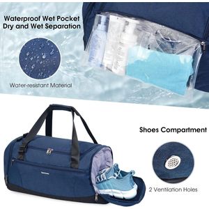 Gym Bag Rugzak Heren Weekend Reistas met schoenen, natte compartimenten en toilettas Sport Holdalls Womens met schouderriem en trolley mouw, Donkerblauw