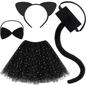 4-delige kattenkostuum set voor meisjes - carnaval rok tutu met lange staart en kattenoren - vlinderstropdas - Halloween en cosplay feestkleding