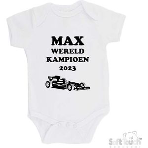100% Katoenen Romper ""MAX wereldkampioen 2023 Raceauto"" Unisex Katoen Wit/zwart Maat 56/62