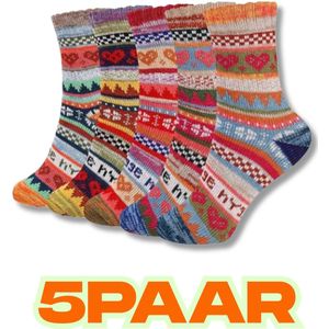 5 Paar Sokken - Dikke Wintersokken Dames - Warme en Zachte Noorse Sokken met Tekst, Patronen en Hartjes - Maat 38-44 - Onesize