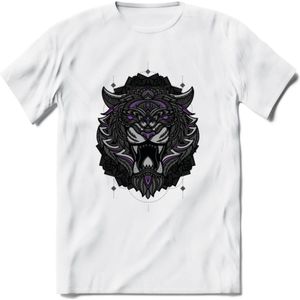 Tijger - Dieren Mandala T-Shirt | Paars | Grappig Verjaardag Zentangle Dierenkop Cadeau Shirt | Dames - Heren - Unisex | Wildlife Tshirt Kleding Kado | - Wit - XXL