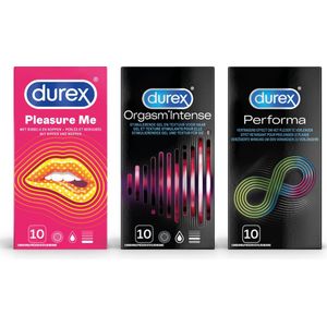 Durex - 30 stuks Condooms - Pleasure Me 10 stuks met ribbels - Orgasm Intense Stimulerende Gel 10 stuks - Performa 10 stuks vertragende effect - Voordeelverpakking