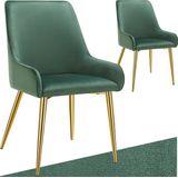 tectake® Eetkamerstoel Avane - Fluweeloptiek - Ergonomische gestoffeerde stoel met gouden stalen poten - Draagkracht 120 kg - Moderne eetkamer- en keukenstoel - Set van 2 - Groen