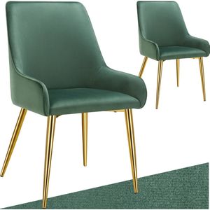 tectake® Eetkamerstoel Avane - Fluweeloptiek - Ergonomische gestoffeerde stoel met gouden stalen poten - Draagkracht 120 kg - Moderne eetkamer- en keukenstoel - Set van 2 - Groen