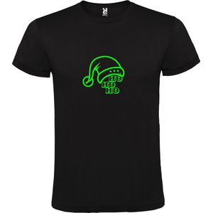 Zwart T-Shirt met “ Kerst Muts / Ho Ho Ho “ Afbeelding Neon Groen Size XL