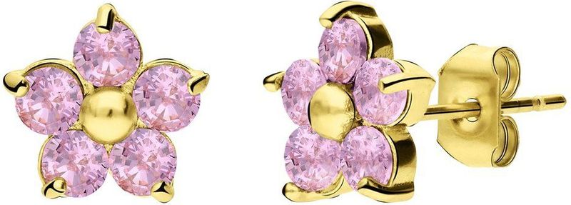 Lucardi - Dames Stalen Goldplated Oorknoppen - Lichtroze - Bloem met Zirkonia