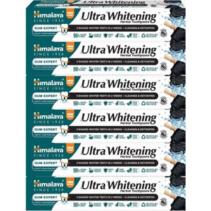 Himalaya Gum Expert Ultra Whitening Herbal Toothpaste - 6 x 75 ml - Charcoal & Black Seed Oil - Versterkt en Verzorgt Tandvlees - Fluoridevrij - Ayurvedische Tandpasta