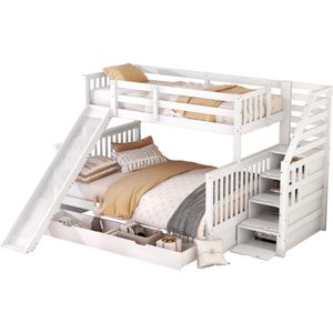 Stapelbed - 90 x 200cm en 140 x 200cm - Met lades - Opbergen en schuiven - Multifunctioneel - Wit - zonder matras