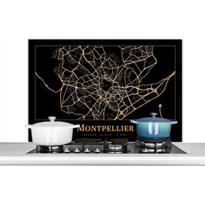 Spatscherm keuken 100x65 cm - Kookplaat achterwand Kaart - Montpellier - Zwart - Goud - Muurbeschermer - Spatwand fornuis - Hoogwaardig aluminium