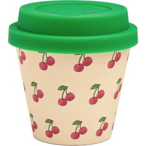 Quy Cup - 90ml Ecologische Reis Beker - Espressobeker “Ciliegia” met groen Siliconen deksel 7x7x7cm