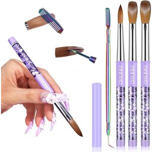 Professionele Acryl Nail Brush Set - Maten 6, 10, 14 voor Nagel Extensions en 3D Kunst - Essentiële Manicure Borstels met Cleaner Tool en Elegante Paarse Handvat