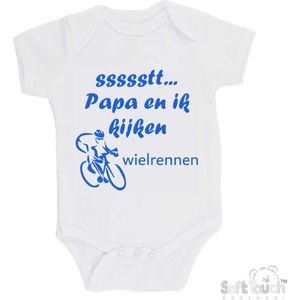 100% katoenen Romper ""ssssstt... Papa en ik kijken wielrennen"" Jongens Katoen Wit/blauw Maat 56/62
