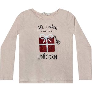 Kerst - Shirt lange mouw- Kerstpakketje op shirt van reversible pailletten - Unicorn - meisjes - roze - maat 134/140