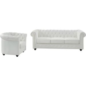 Vente-unique Driezitsbank en fauteuil van buffelleer CHESTERFIELD - Wit